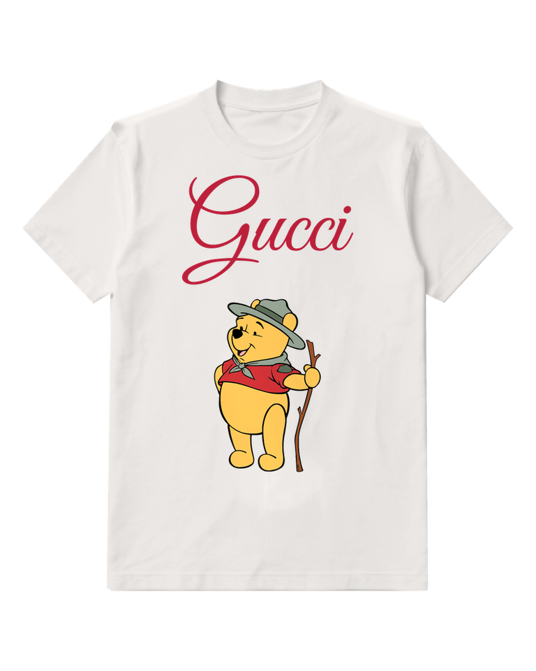 White Winnie The Pooh Hiking With Stick Graphic T-Shirt - front product view