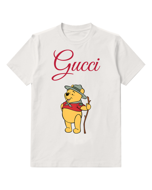 White Winnie The Pooh Hiking With Stick Graphic T-Shirt - front product view