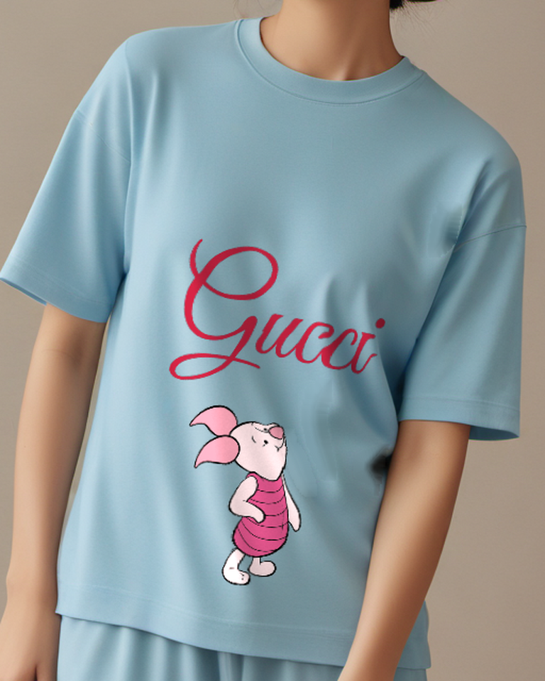 Dusty Blue Piglet Standing With Closed Eyes Graphic T-Shirt - model wearing view