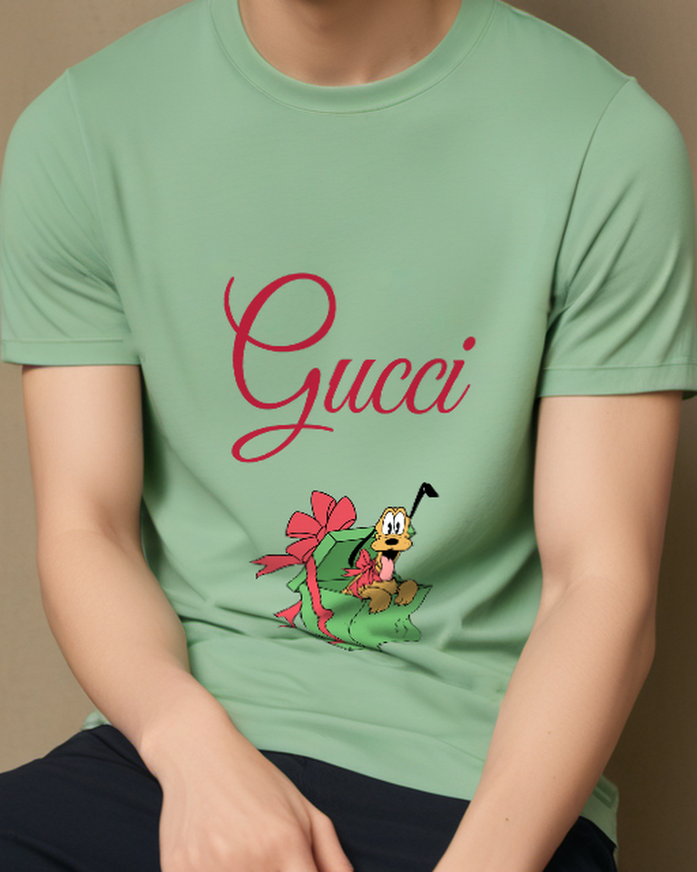 Sage Green Pluto Peeking From Gift Box Graphic T-Shirt - model wearing view