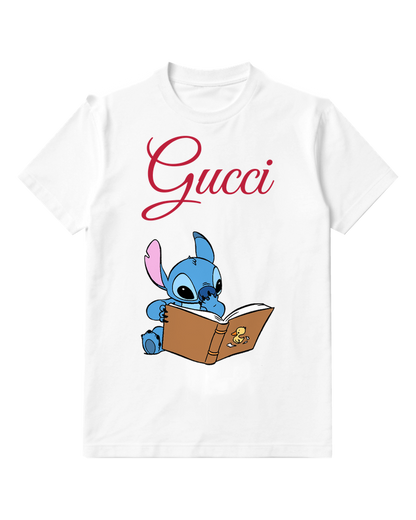 White Blue Alien Reading Open Book Graphic T-Shirt - front product view