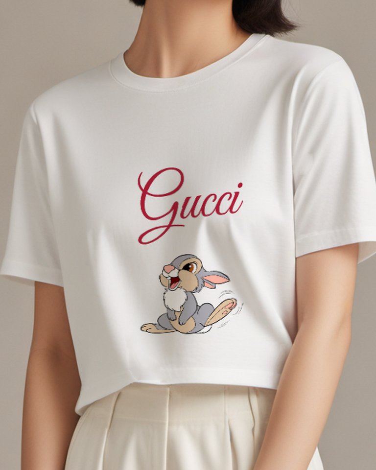 Light Gray Reclining Rabbit Long Feet Graphic T-Shirt - model wearing view
