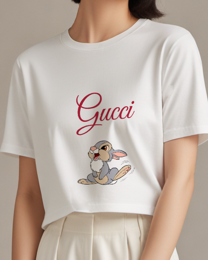 Light Gray Reclining Rabbit Long Feet Graphic T-Shirt - model wearing view
