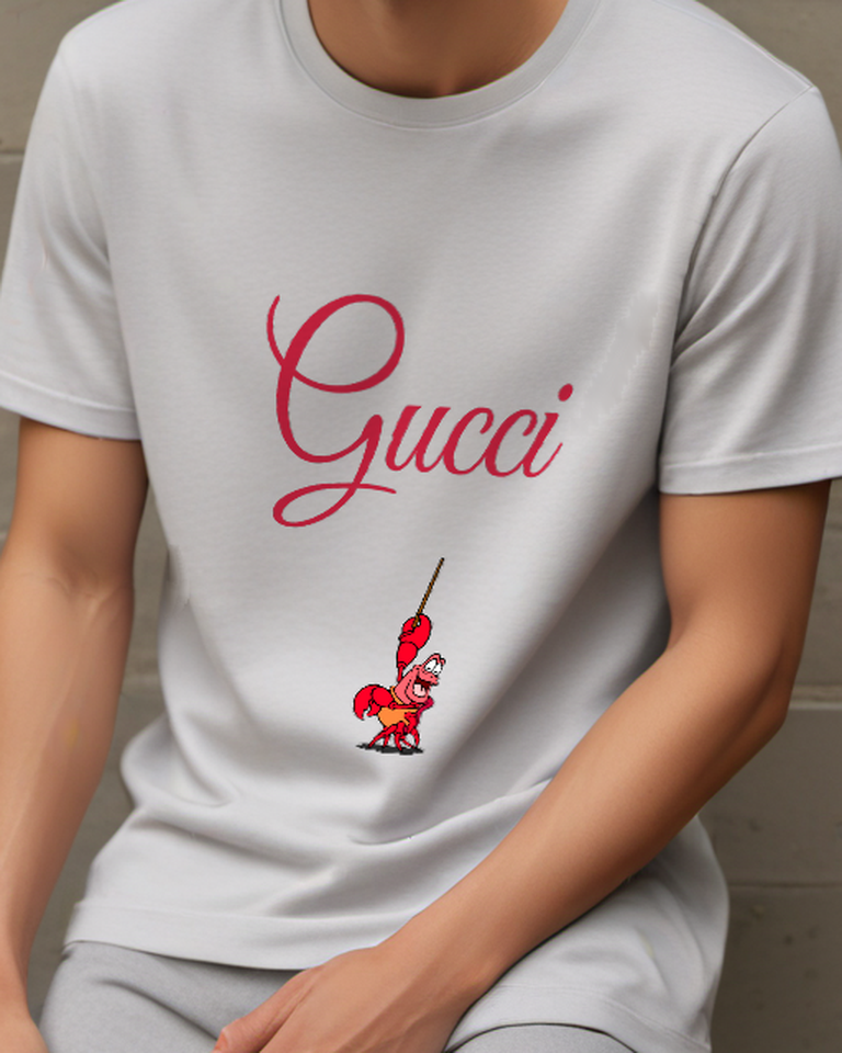 Light Gray Red Crab Holding Fishing Pole Graphic T-Shirt - model wearing view