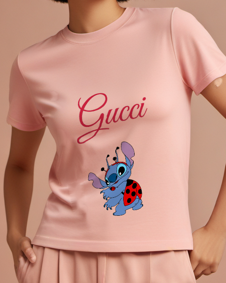 Blush Pink Blue Creature Ladybird Wings Graphic T-Shirt - model wearing view