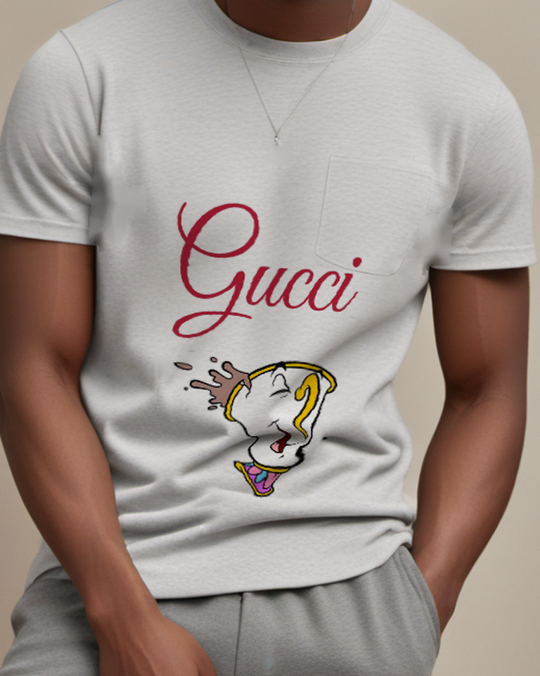 Light Gray Teacup Character Smiling Head Tilted Back Graphic T-Shirt - model wearing view
