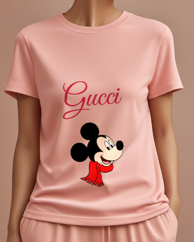 Blush Pink Mickey Mouse Wearing Red Scarf Graphic T-Shirt - model wearing view