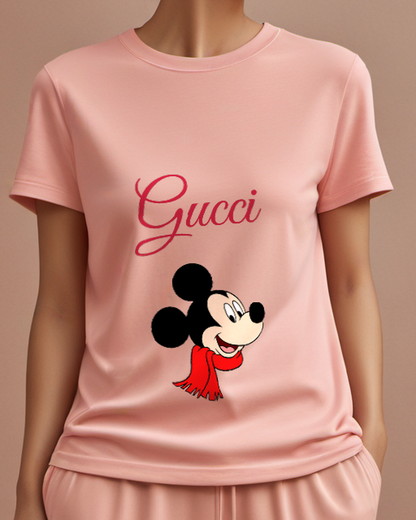 Blush Pink Mickey Mouse Wearing Red Scarf Graphic T-Shirt - model wearing view