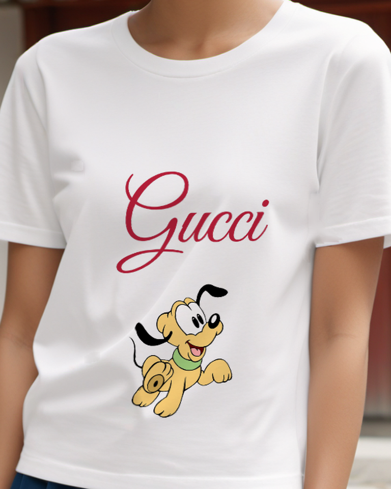White Yellow Puppy With Green Collar Graphic T-Shirt - model wearing view