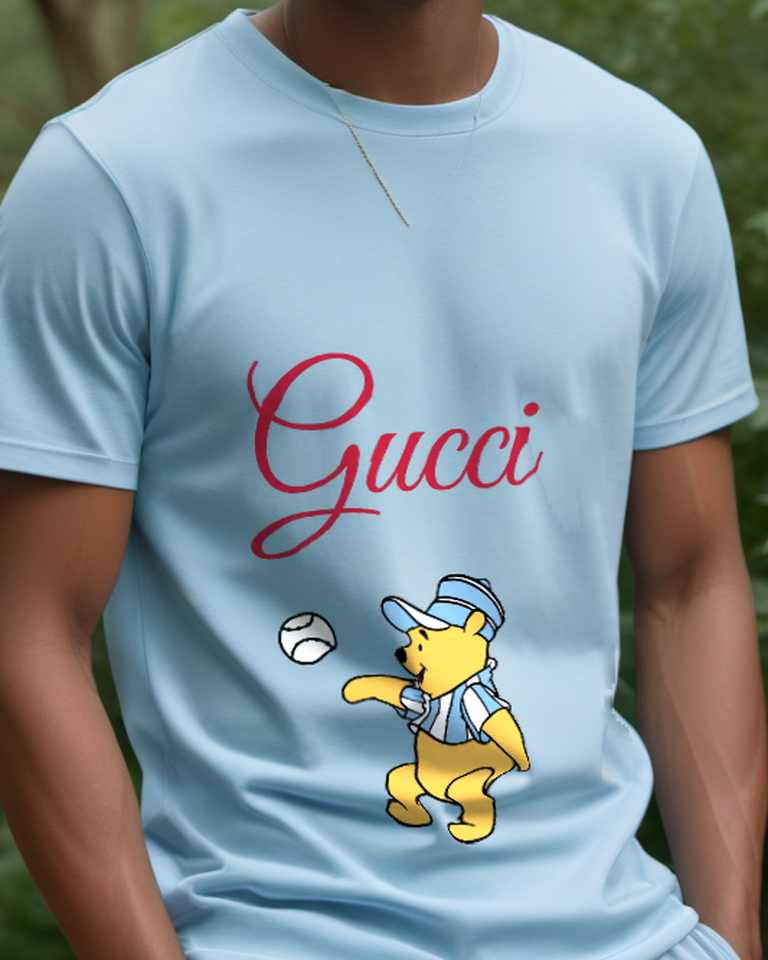 Sky Blue Winnie The Pooh Throwing Baseball Graphic T-Shirt - model wearing view