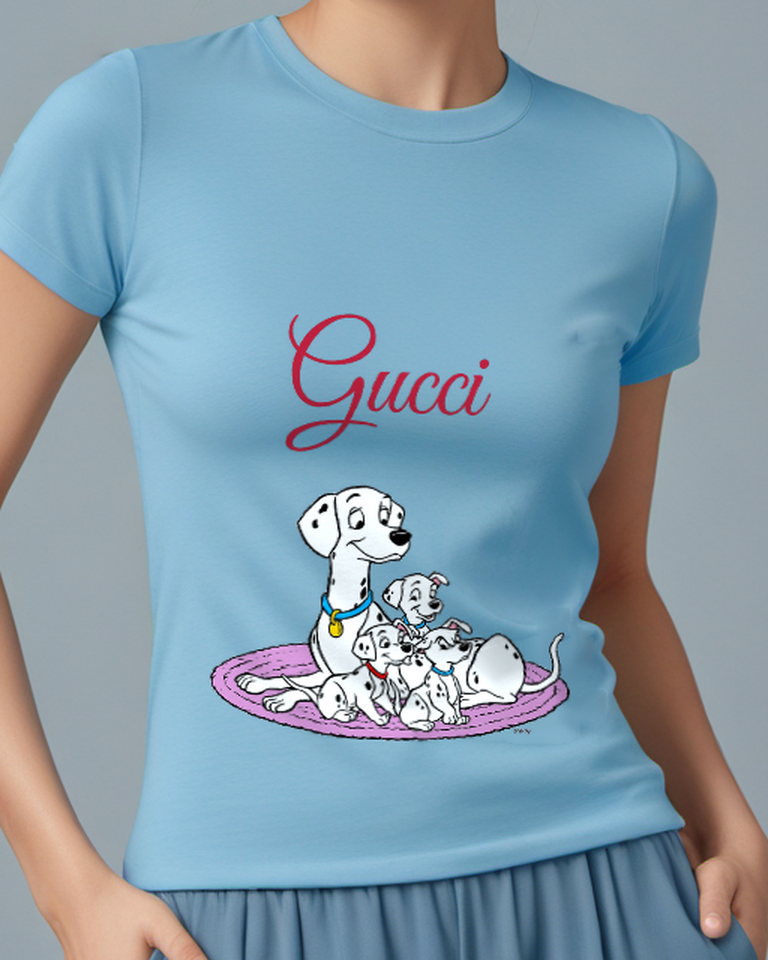 Sky Blue Spotted Dog Pink Blanket Graphic T-Shirt - model wearing view