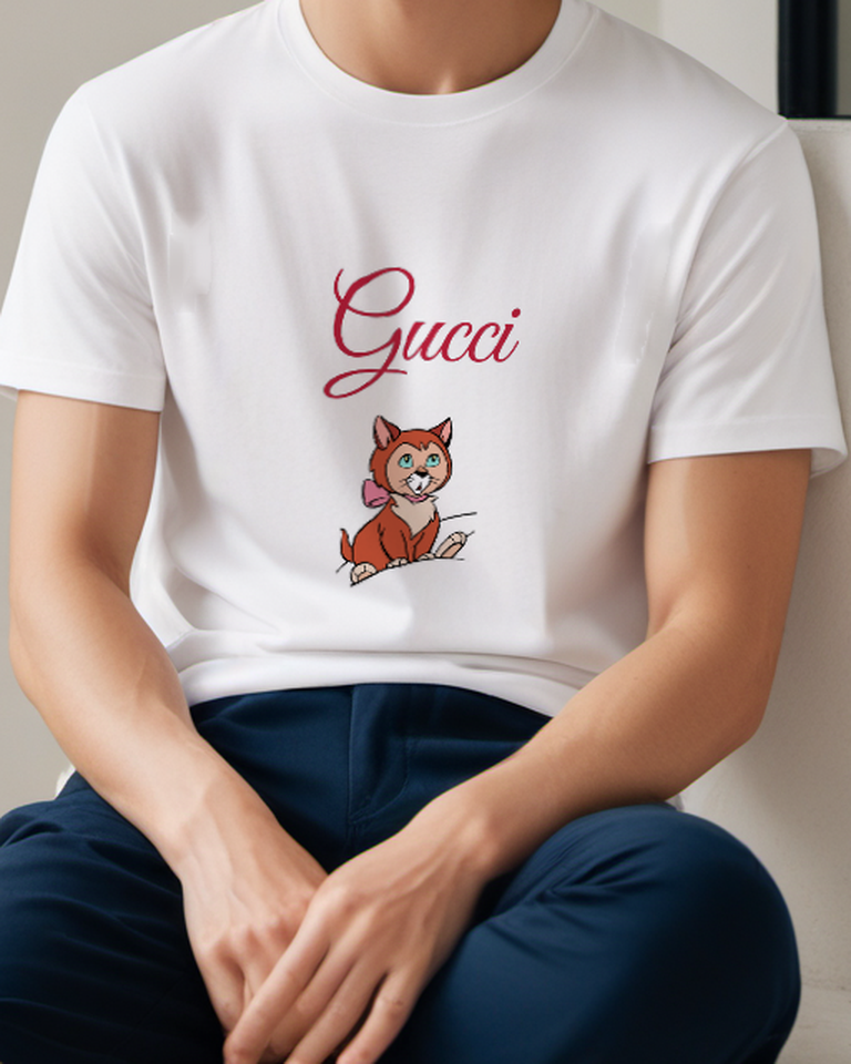 White Orange Kitten Pink Bow Graphic T-Shirt - model wearing view