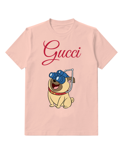 Blush Pink Pug Dog Wearing Binoculars Graphic T-Shirt - front product view