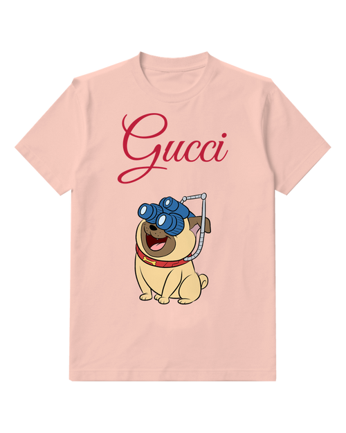 Blush Pink Pug Dog Wearing Binoculars Graphic T-Shirt - front product view