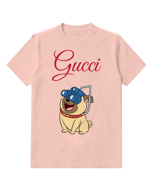Blush Pink Pug Dog Wearing Binoculars Graphic T-Shirt - front product view