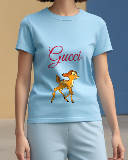 Sky Blue Side Glance Spotted Fawn Graphic T-Shirt - model wearing view