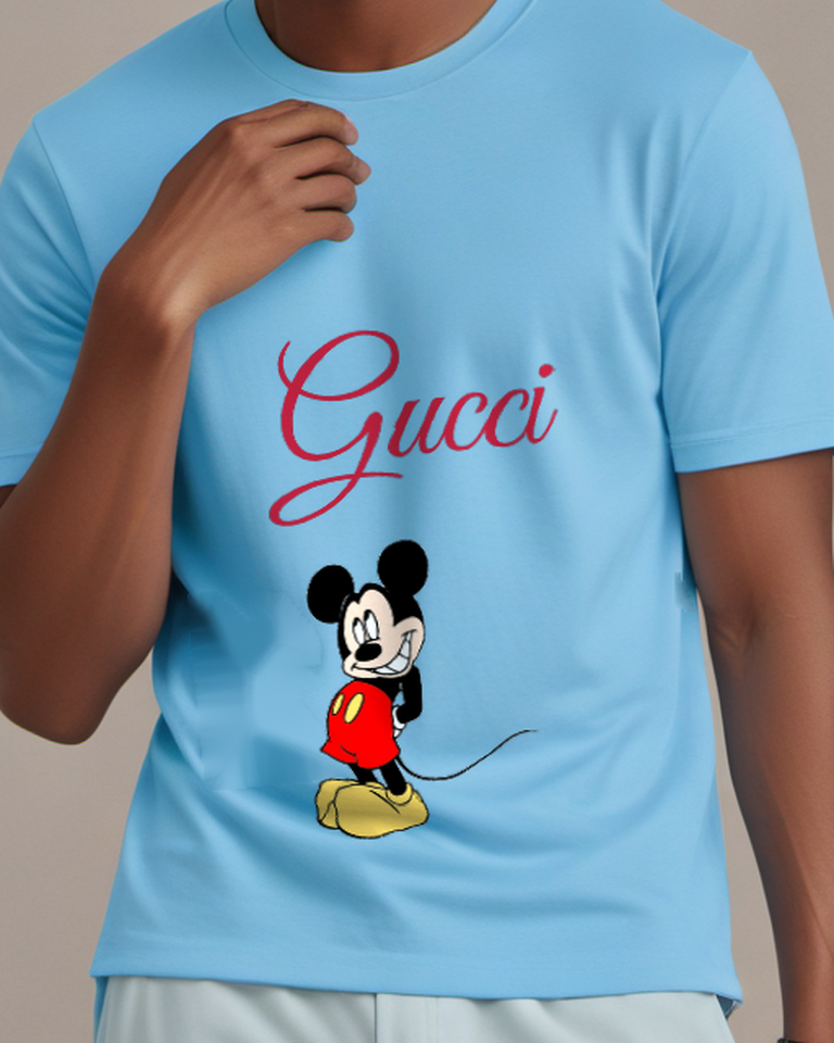 Sky Blue Mickey Mouse Standing Smiling Wearing Red Shorts Graphic T-Shirt - model wearing view