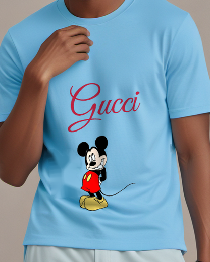 Sky Blue Mickey Mouse Standing Smiling Wearing Red Shorts Graphic T-Shirt - model wearing view
