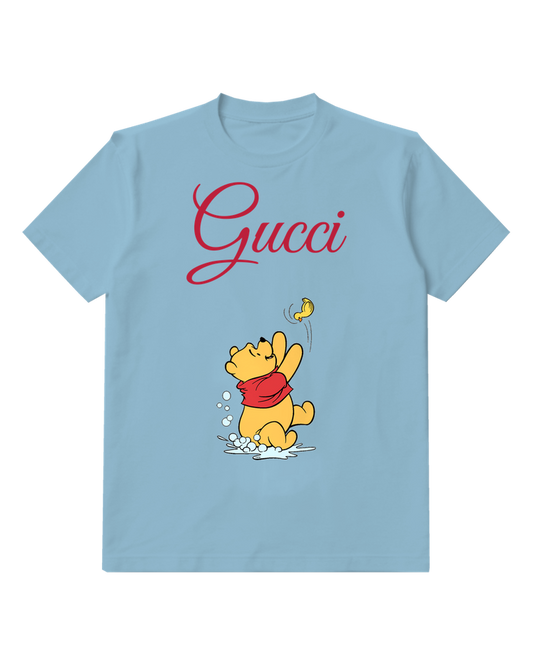 Sky Blue Winnie The Pooh In Bubble Bath Reaching For Duck Graphic T-Shirt - front product view