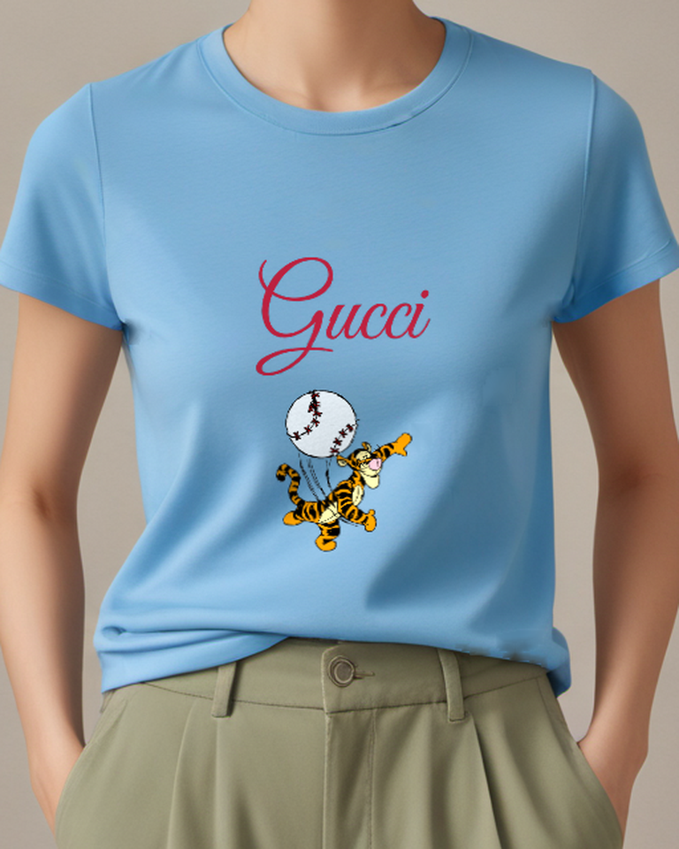 Dusty Blue Tigger Chasing Baseball Graphic T-Shirt - model wearing view