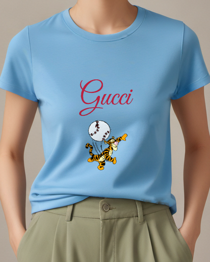 Dusty Blue Tigger Chasing Baseball Graphic T-Shirt - model wearing view
