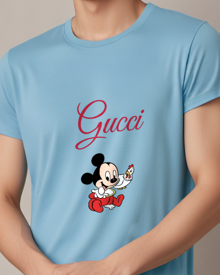 Sky Blue Baby Mickey Holding Chicken Graphic T-Shirt - model wearing view
