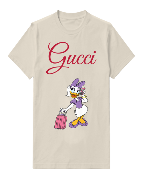 Ivory Daisy Duck On Phone With Suitcase Graphic T-Shirt - front product view