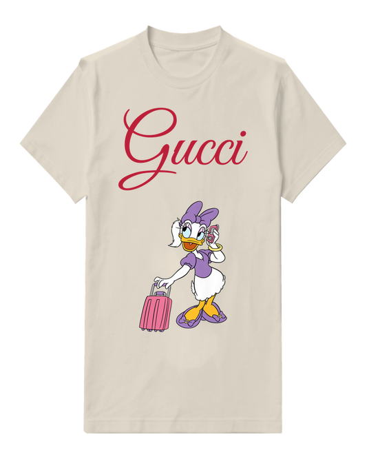 Ivory Daisy Duck On Phone With Suitcase Graphic T-Shirt - front product view