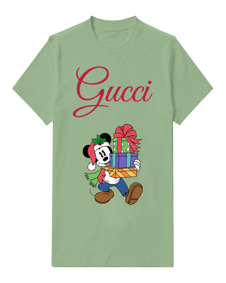 Sage Green Mickey Mouse Carries Holiday Gifts Graphic T-Shirt - front product view