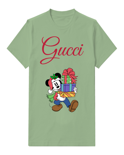 Sage Green Mickey Mouse Carries Holiday Gifts Graphic T-Shirt - front product view