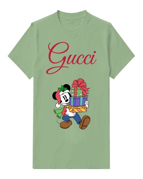Sage Green Mickey Mouse Carries Holiday Gifts Graphic T-Shirt - front product view