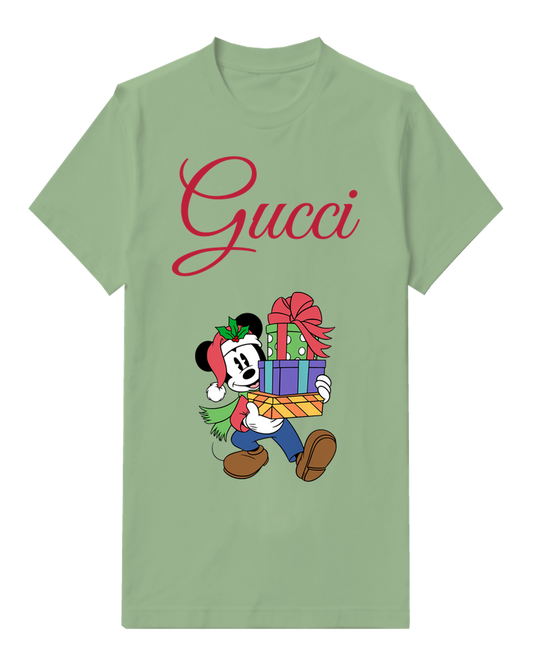 Sage Green Mickey Mouse Carries Holiday Gifts Graphic T-Shirt - front product view