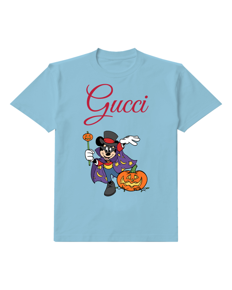 Sky Blue Wizard Mouse Orange Pumpkin Graphic T-Shirt - front product view