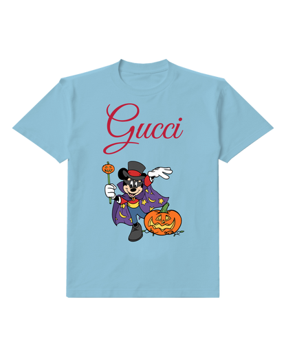Sky Blue Wizard Mouse Orange Pumpkin Graphic T-Shirt - front product view