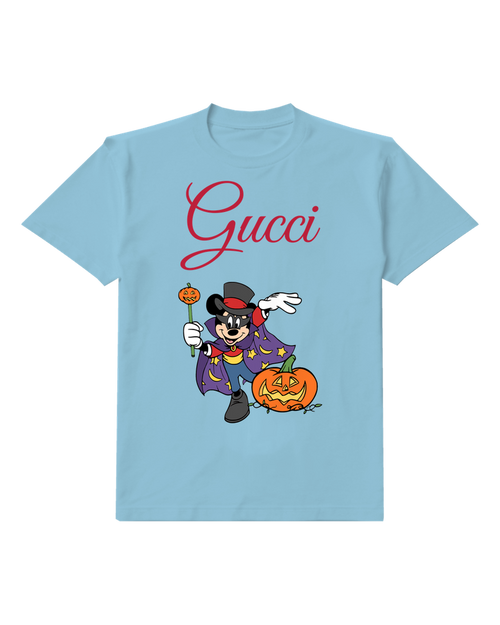 Sky Blue Wizard Mouse Orange Pumpkin Graphic T-Shirt - front product view