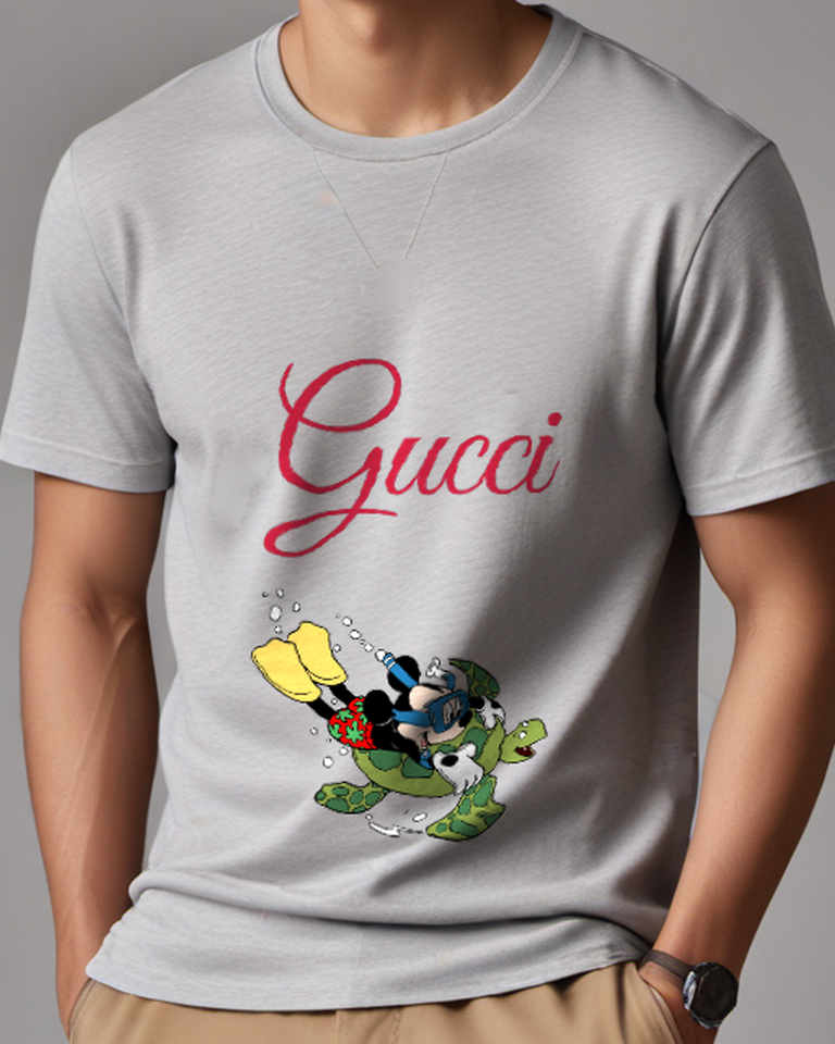 Light Gray Mickey Mouse Swimming On Turtle Graphic T-Shirt - model wearing view
