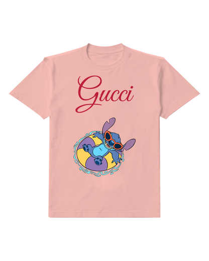 Blush Pink Stitch Floating On A Pool Float Graphic T-Shirt - front product view