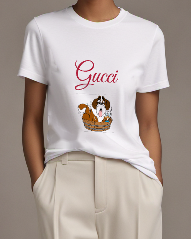 White Bernard Dog In Wooden Tub Graphic T-Shirt - model wearing view