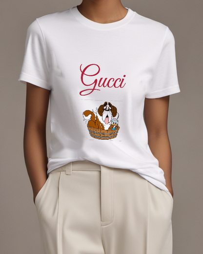 White Bernard Dog In Wooden Tub Graphic T-Shirt - model wearing view