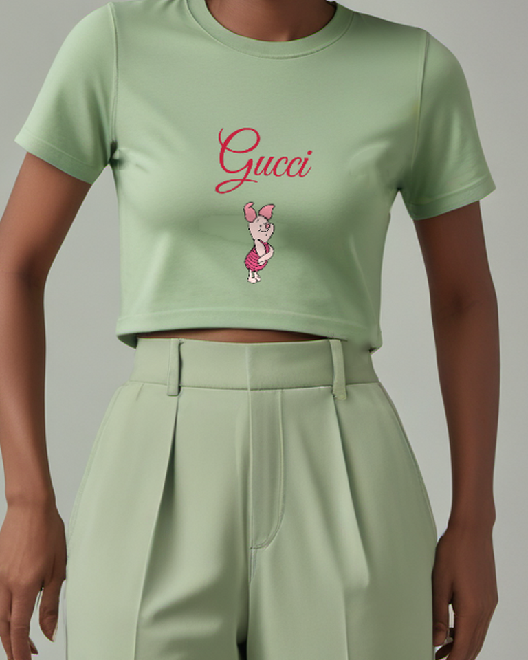 Sage Green Piglet Standing With Arms Crossed Graphic T-Shirt - model wearing view