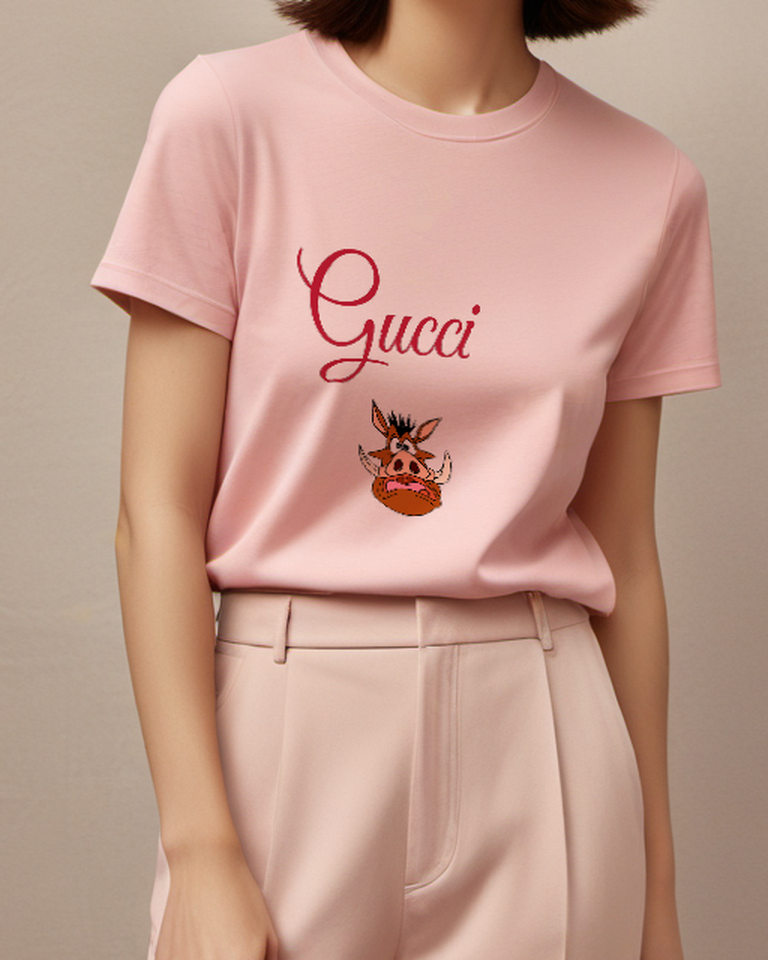 Blush Pink Pumbaa Wide Eyed Open Mouthed Yell Graphic T-Shirt - model wearing view