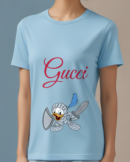 Sky Blue Duck In Silver Armor Graphic T-Shirt - model wearing view