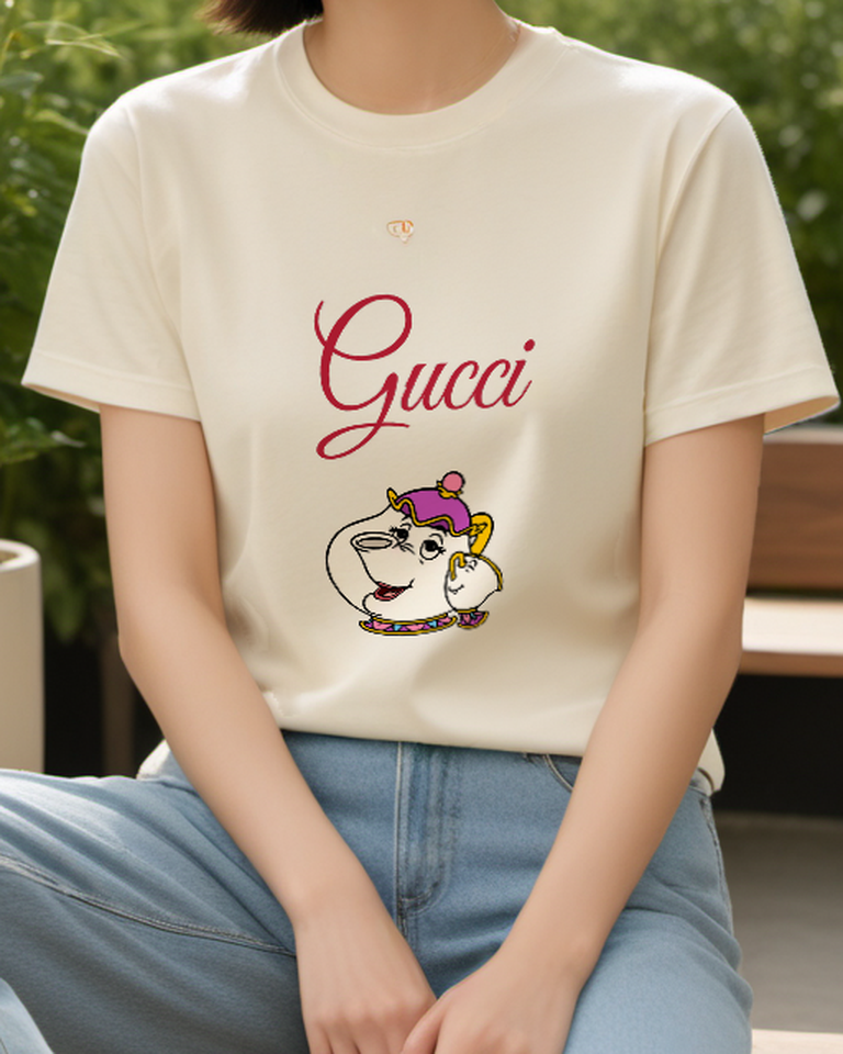 Ivory Smiling Decorated Teapot Graphic T-Shirt - model wearing view