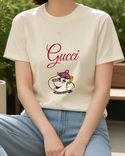 Ivory Smiling Decorated Teapot Graphic T-Shirt - model wearing view